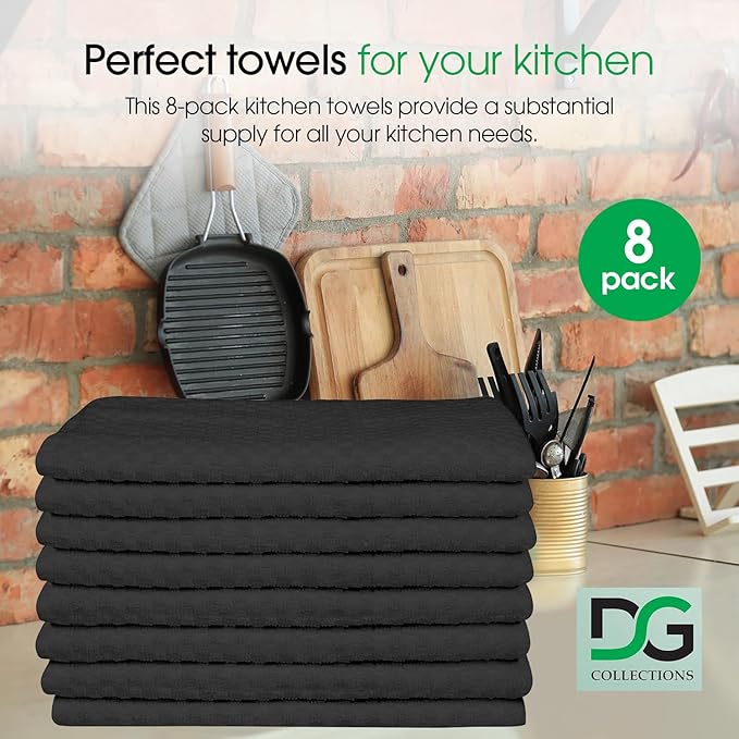 DG Collections Premium Dish Towels for Kitchen, 8 Pack, 15x25 Inch - 100% Cotton Kitchen Towels with Hanging Loop, Highly Absorbent, 400 GSM Bar Mop Cleaning Towels - Dark Grey