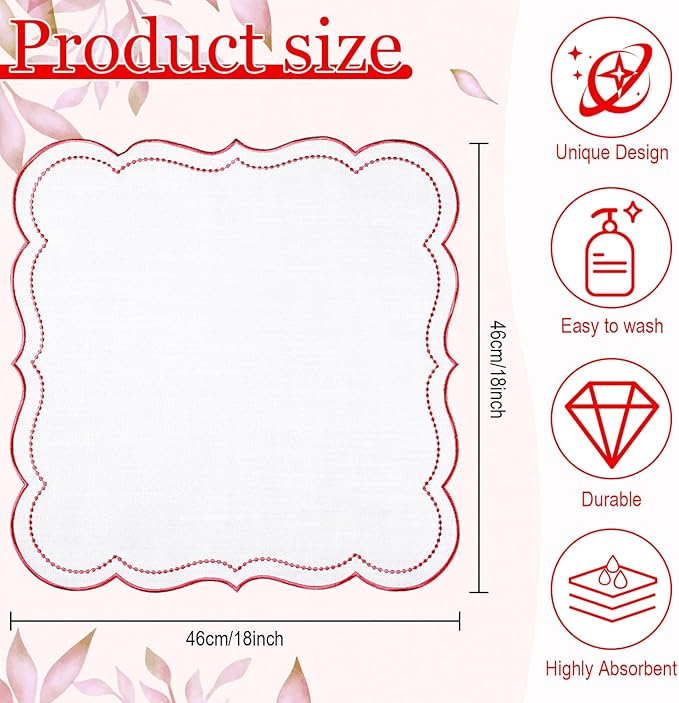 Hahafelt Cloth Napkins 18x18inches Scalloped Embroidery Cloth Napkins Washable Polyester Table Dinner for Hotel Restaurant Weddings Events Parties(Red,6 Set)