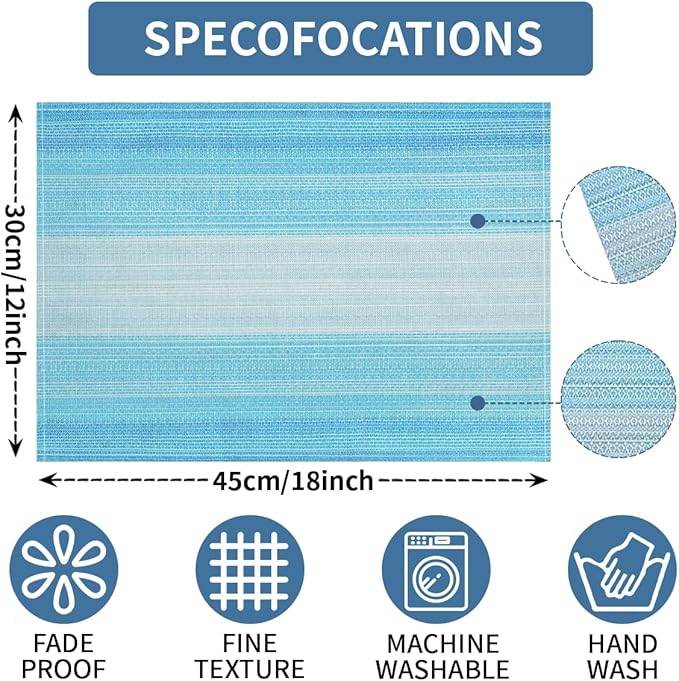 Bloss Blue Placemats Set of 4, Linen Woven Place Mats for Kitchen Table Indoor/Outdoor, 12" x 18" Washable Gradient Blue Placemat Dining Table Mats