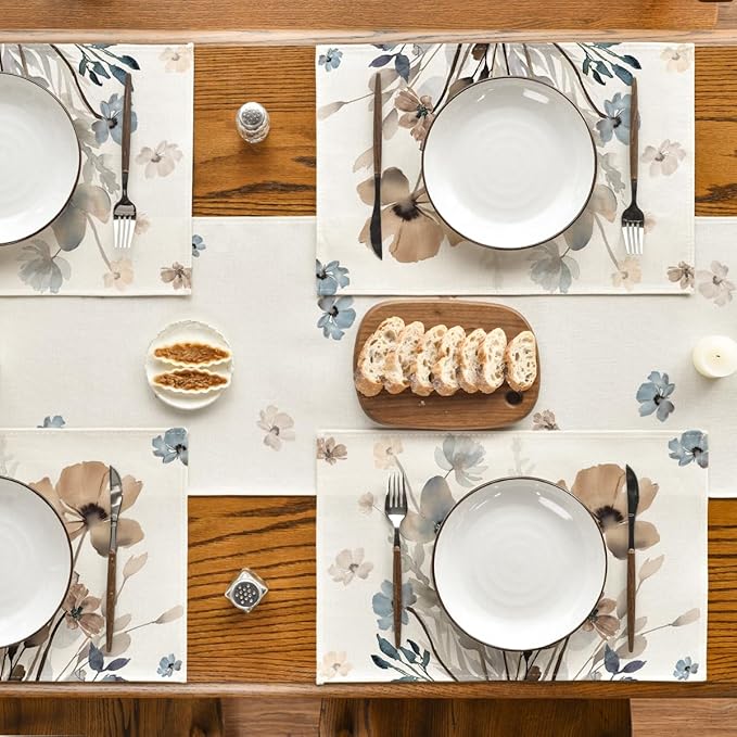 Artoid Mode Brown Poppy Floral Leaves Fall Placemats Set of 4, 12x18 Inch Seasonal Spring Table Mats for Party Kitchen Dining Decoration
