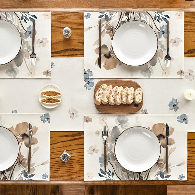 Artoid Mode Brown Poppy Floral Leaves Placemats Set of 6, 12x18 Inch Seasonal Summer Table Mats for Party Kitchen Dining Decoration