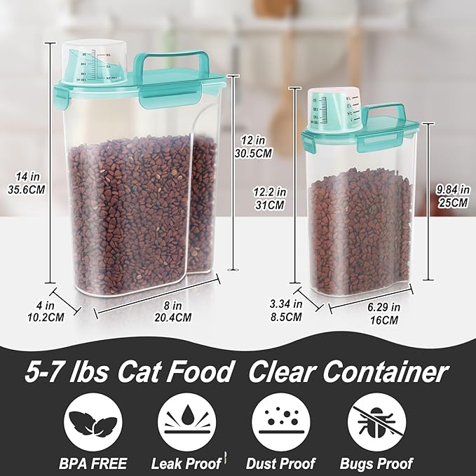 LEAWALK 5-7Lbs Dog Cat Food Storage Container with Upgraded Large Nozzle BPA-free, 4 Snap Seals Plastic Pet Food Storage Containers with Handles (Clear Blue, (5L+3L) 2pack)