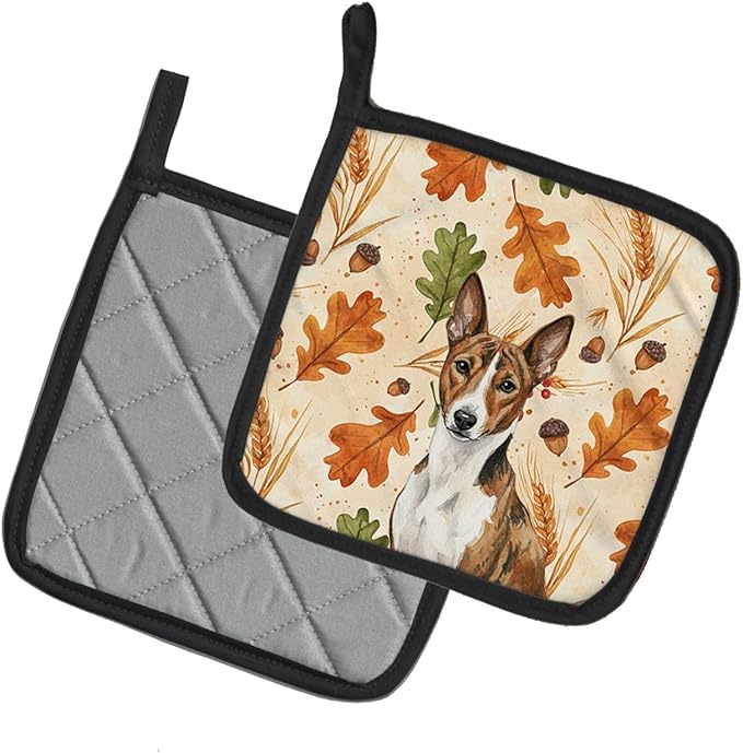 Caroline's Treasures Brindle and White Basenji Heirloom Fall Pair of Pot Holders Pair 7.5x7.5 Quilted Insulated Hot Pads Decorative Kitchen Gift Made in USA