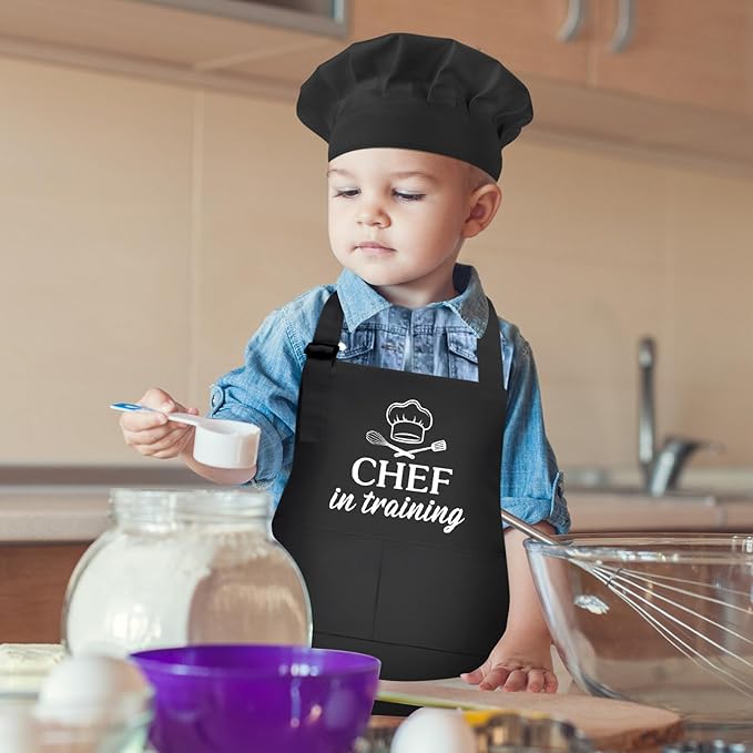 Kids Apron and Chef Hat Set, Funny Apron with 2 Pockets, Adjustable Kids Aprons for Cooking for Boys and Girls