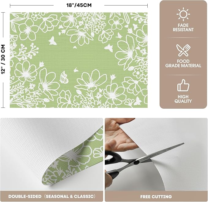 Artoid Mode Green Weed Wild Flower Placemats Set of 4, 12x18 Inch Plastic Woven Washable Non-Slip PVC Place Mats for Party Kitchen Dining Decor
