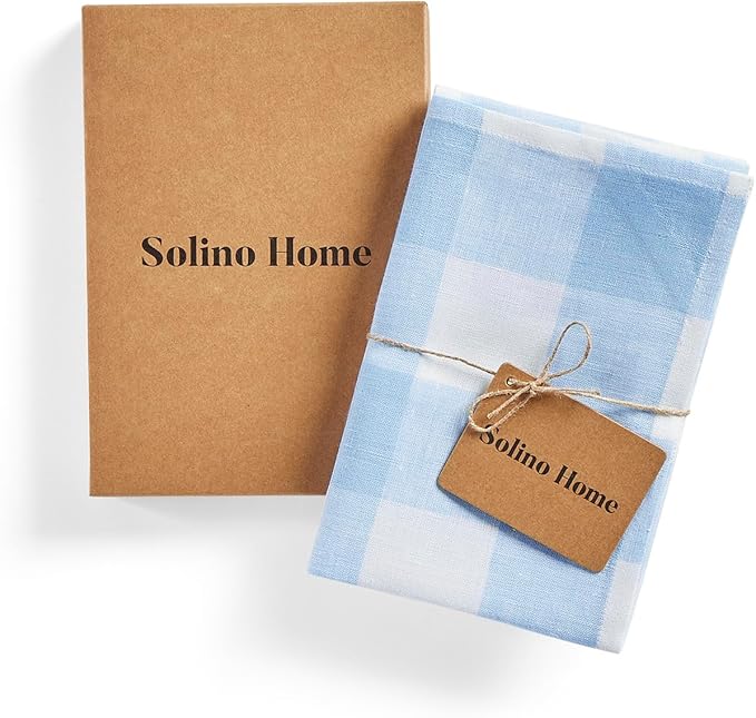 Solino Home Linen Kitchen Towels Set of 2 - Blue Bell 16.5 x 26.5 Inch - 100% Pure Linen Buffalo Check Kitchen/Tea Towels - Machine Washable and Handcrafted from European Flax