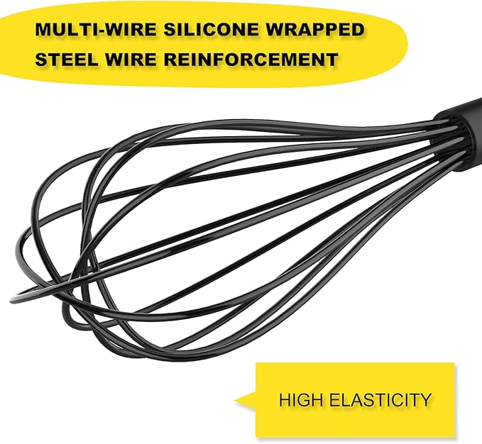 NileHome Silicone Whisk 10" Kitchen Whisk Kitchen Wisk Wire Whisks for Cooking, Whisking, Blending, Beating, Stirring-Black
