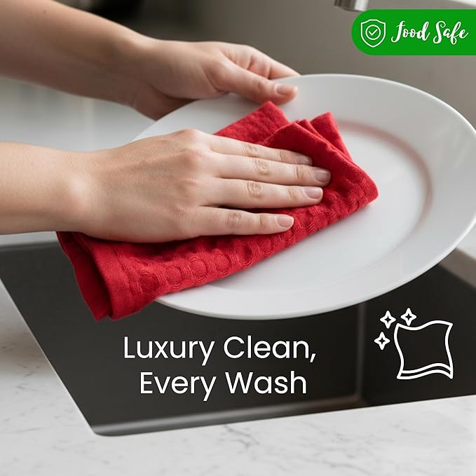 WHITEWRAP Premium Cotton Big Waffle Weave Kitchen Dish Cloths, 12x12 Inch Ultra Absorbent Lint-Free Dish Towels, Fast Drying Dishcloths for Washing Dishes, 6 Pack, Red