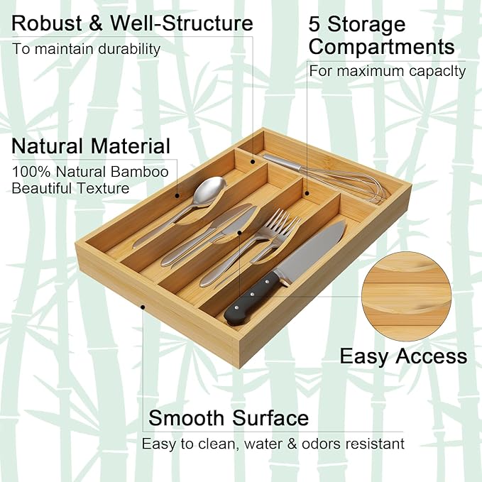 Youpehom Bamboo Utensil Organizer for Kitchen Drawers, Utensil Tray and Cutlery Silverware Holder,Wood Drawer Dividers with 5 Slots，2 pack