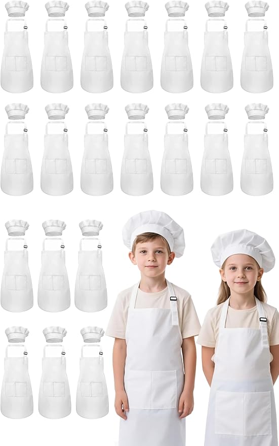 Kids Apron and Chef Hat Set, 40 Pieces Boys Girls Kids Apron with 2 Pockets Adjustable for Cooking Classroom Baking Painting, 6-13 Years, White