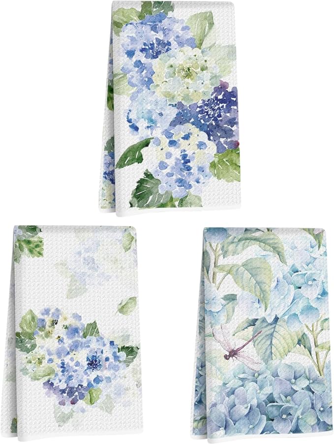 3 Pcs Blue Hydrangea Kitchen Towels, Spring Summer Flowers Decorative Absorbent Microfiber Dish Cloth Tea Towel, Waffle Hand Towels Hydrangea Decor for Farmhouse Home Bathroom, Housewarming Gifts