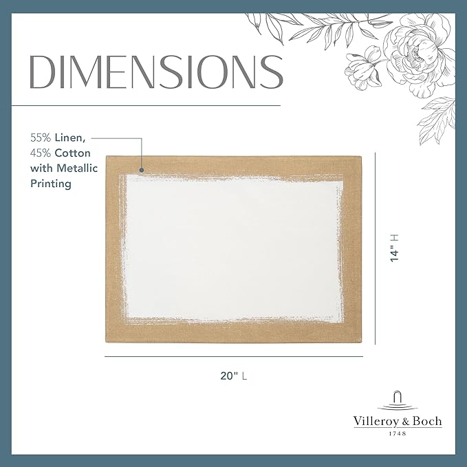 Villeroy & Boch Metallic Brushstroke Modern Linen Blend Placemat Set, 14 Inches x 20 Inches, Set of 4, Ivory and Gold