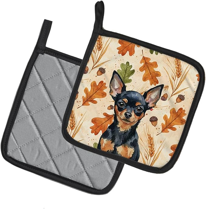 Caroline's Treasures Black and Tan Russian Toy Heirloom Fall Pair of Pot Holders Pair 7.5x7.5 Quilted Insulated Hot Pads Decorative Kitchen Gift Made in USA