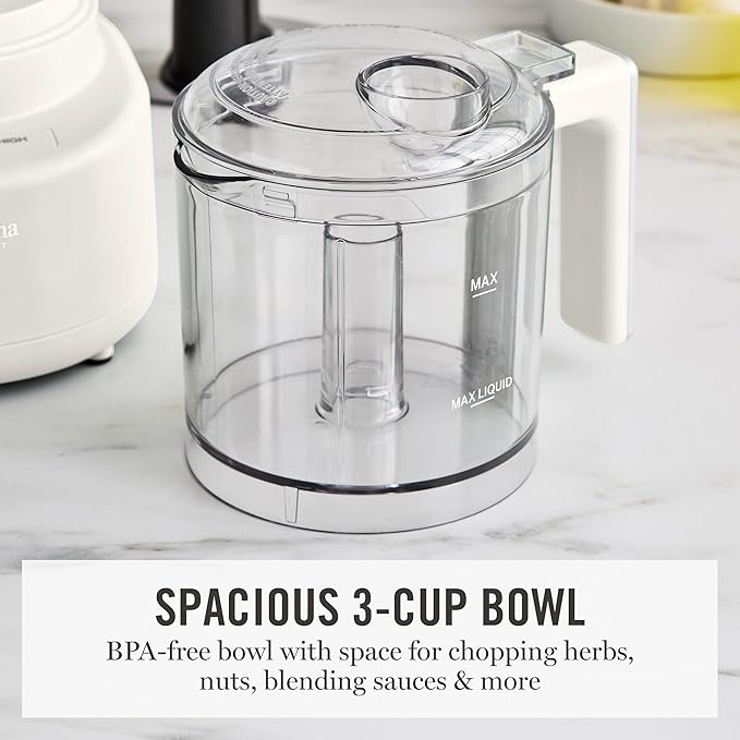 Martha Stewart 3 Cup Food Processor, Electric Vegetable Chopper, Stainless Steel Blades, 24oz BPA-Free Bowl, Pour Spout, Dicing, Mincing, Chop & Puree, Dishwasher Safe, Oil Chute, Easy-Clean, Linen