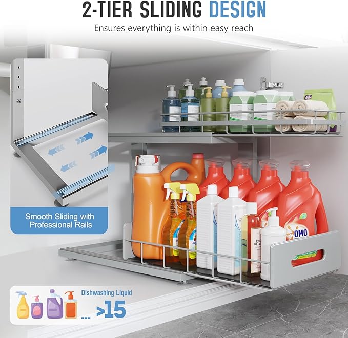 Under Sink Organizer Upgrade To Professional Rails,2-Tier Dual Pull Out Cabinet Storage,Height Adjustable Slide Out Drawers For Bathroom Kitchen,1 Pack-18.5"Dx12.8"-16.9"H,Gun Gray