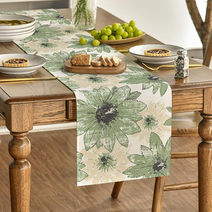 Artoid Mode Green Retro Daisy Spring Table Runner, Seasonal Vintage Kitchen Dining Table Decoration for Home Party Decor 13x72 Inch