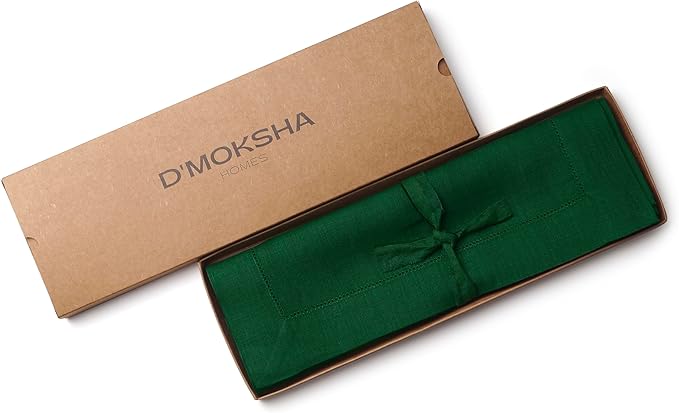 D'Moksha Homes Linen Placemats Set of 4 - Classic Hemstitch Forest Green Placemats 14 x 19 Inch - 100% Pure Linen Table Mats for Mothers Day - Handcrafted and Machine Washable