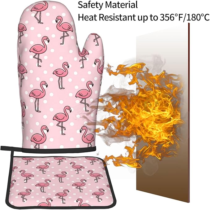 Pink Flamingos Oven Mitts and Pot Holders Pink Background Heat Resistant Oven Mitts Safe for Baking Cooking BBQ