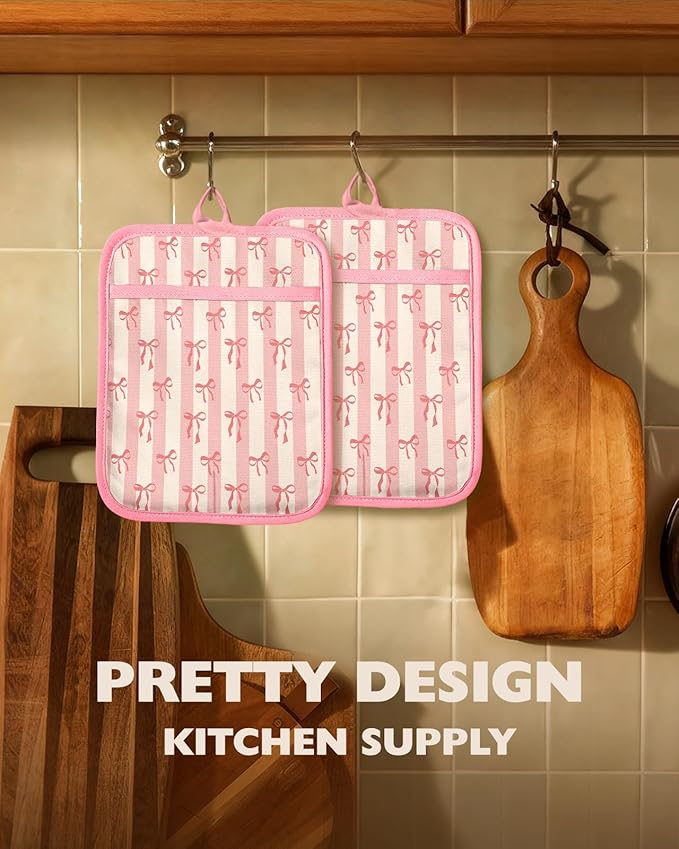 Slohif Silcone Bow Pot Holders for Kitchen - 100% Cotton Pink Cute Oven Potholders with Pockets, Heat Resistant Square Thick Hot Pads, House New Home Baking Baker Gifts,2pack