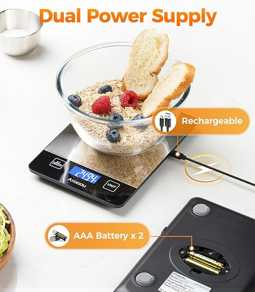 Atogou Food Scale - 33lb Digital Kitchen Scale Ounces Grams, Rechargeable & Full-View Display, Water-Resistant, Batteries or USB-C Charging, Stainless Steel, for Cooking, Meal Prep, Package (Black)