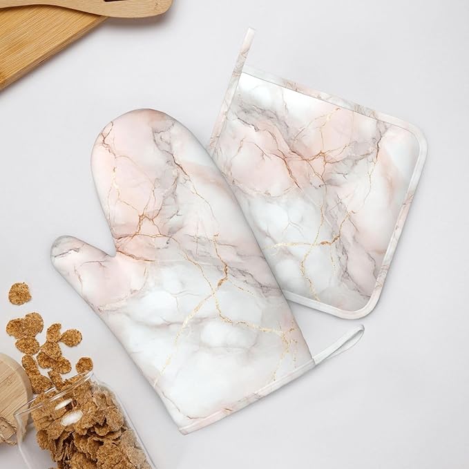 Oven Mitts and Pot Holders Pastel White Pink Marble Silicone Kitchen Accessories Set of 2 Heat Resistant Long Gloves Potholder Non-Slip Grip for Chef Cooking,Baking,Grilling,BBQ