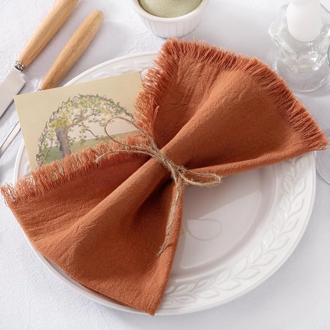 DeZerlor 6 Pack Terracotta Cotton Linen Napkins with Fringe Spring Cloth Napkins Set of 6 Boho Handmade Dinner Napkins Bulk for Wedding Bridal Baby Shower Parties, 17 x 17 Inches