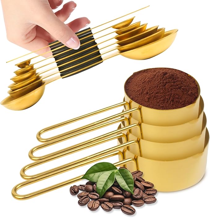 11 pcs Gold Measuring Cups and Spoons Set,Includes 4pcs Measuring Cups And 6pcs Magnetic Measuring Spoons & 1 Leveler,Stainless Steel is Ideal for Measuring Liquids And Dry Ingredients