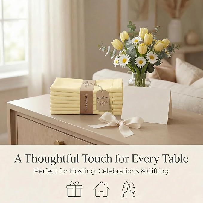 Urban Villa Cloth Napkins Set of 12 (20x20)100% Cotton Hemstitch Napkins Cloth Washable Durable Reusable Absorbent Table Dinner Napkins Cloth for Easter Decorations Restaurant Weddings Parties -Yellow