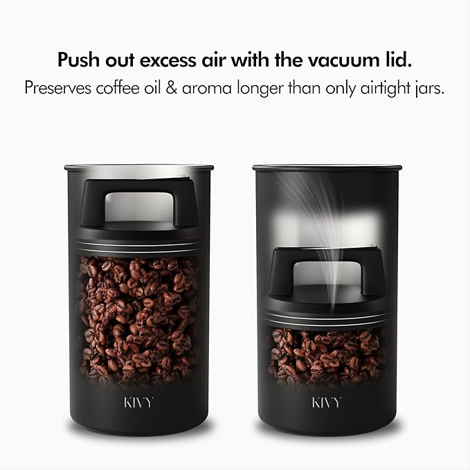 KIVY Vacuum Coffee Canister (Large) - Push Lid Preserves Aroma & Oil - Stainless Steel Airtight Canister - Container for Ground & Coffee Bean Storage - Removes Excess Air