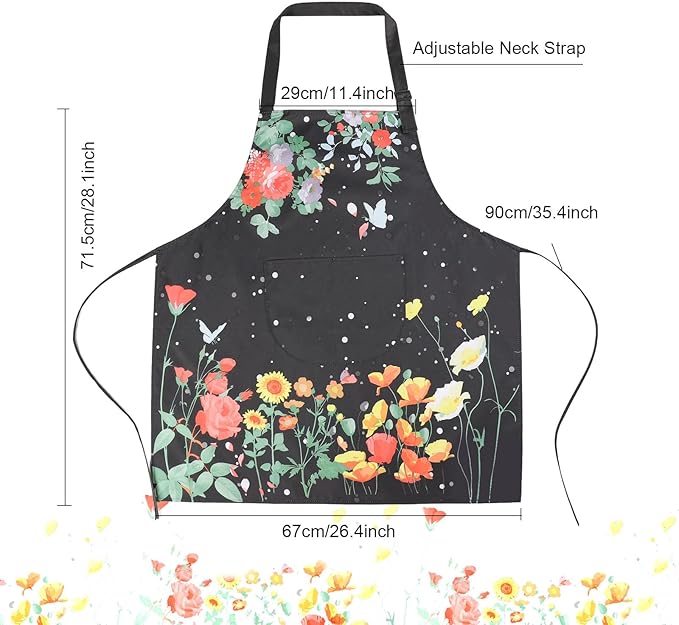 Apron for Women with Pockets, 2 Pcs Waterproof Floral Apron with Adjustable Neck Strap for Cooking, Baking, Gardening, Crafts
