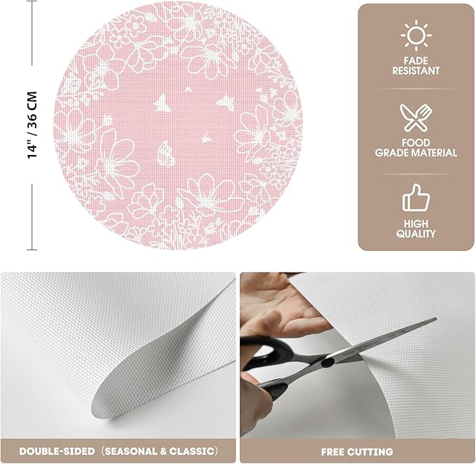Artoid Mode Pink Leaves Vinyl Round Placemats Set of 4, 14 Inch Washable Non-Slip Heat Resistant Woven Plastic Spring Table Mats for Party Kitchen Dining Decor