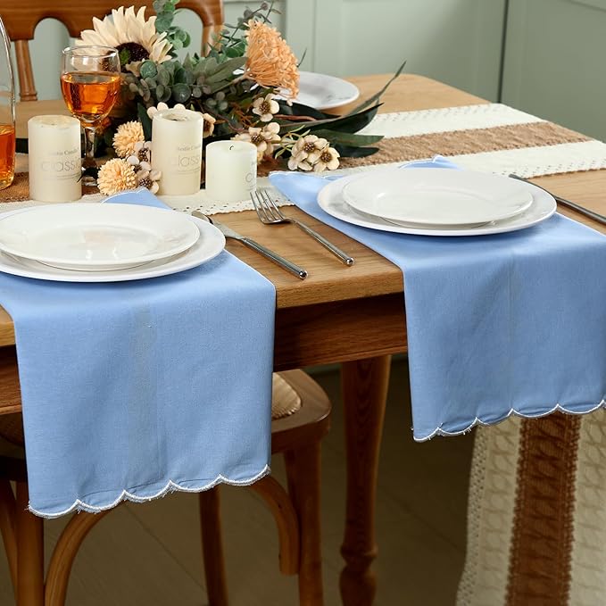 Mindsoft 8 Pcs Blue Wedding Cloth Napkins Scalloped Embroidered Dinner Napkins 100% Cotton Reusable Washable Decorative Table Napkin for Weddings Dinner Restaurant Party Decoration, 18 x 18 Inch