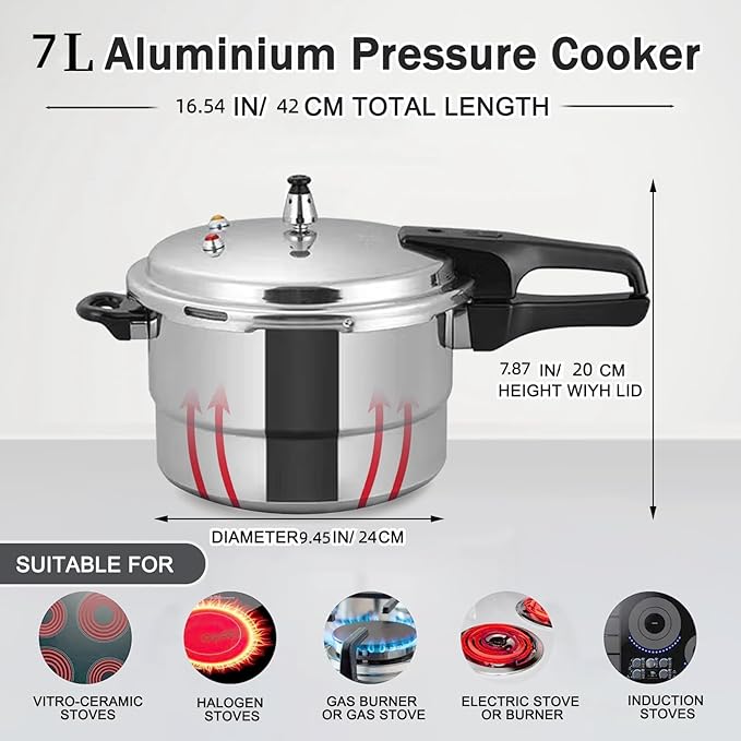 Pressure Cooker 7 Quart，Aluminum Pressure Cooker Compatible with Gas & Induction Cooker Fast Cooking Pot Even Heat Distribution for 6-7 People
