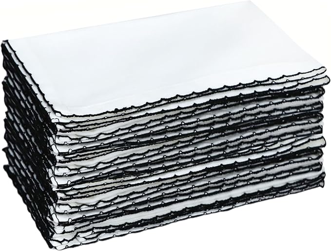 COTTON CRAFT Cloth Napkins - Set of 12 Soft Cotton 17x17 Inch White Dinner Napkins with Black Border Trim – Absorbent Reusable Fabric Serviettes for Table Settings, Parties, Everyday Use