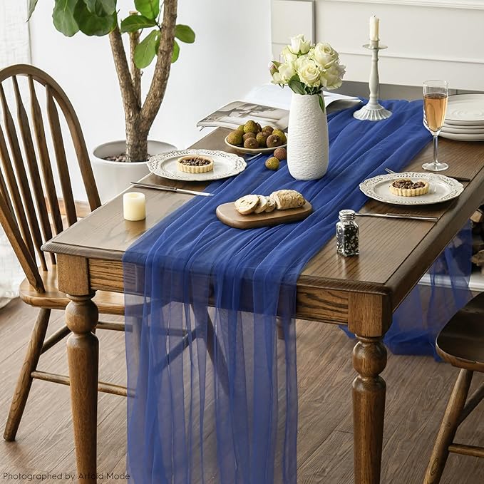 Artoid Mode Navy Blue Gauze Table Runner 120 Inch 10FT, Seasonal Sheer Kitchen Dining Holiday Wedding Birthday Baby Shower Table Decor for Home Party