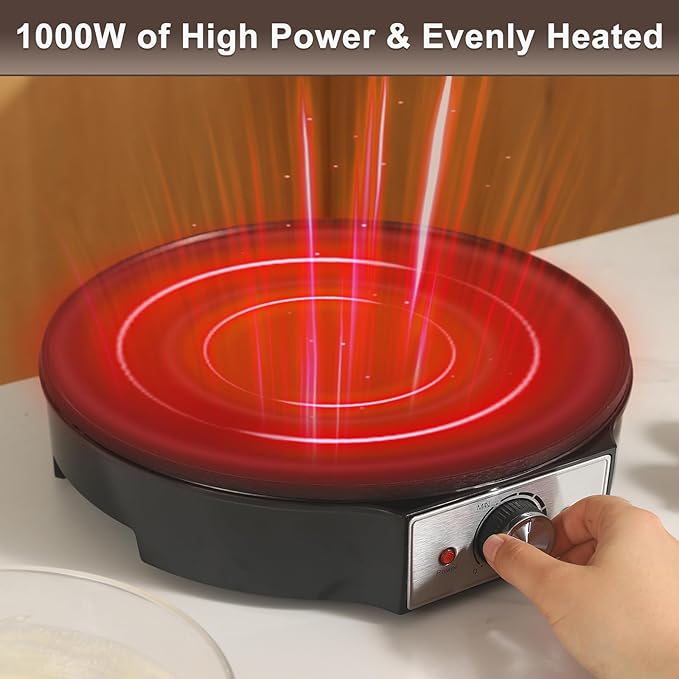 UVFAST Electric Crepe Maker 12'' & Griddle - Non-Stick Pan With Spreader for Roti, Tortilla, Blintzes, Pancakes - Adjustable Temperature, 1000W
