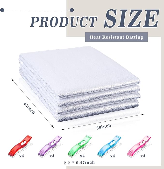 Treela 4 Pcs 36 x 45 Inch Heat Resistant Batting for Potholders Insulating Thermal Lining Batting with 20 Pcs Fabric Clips for Pot Holders Heat Reflective Fabric