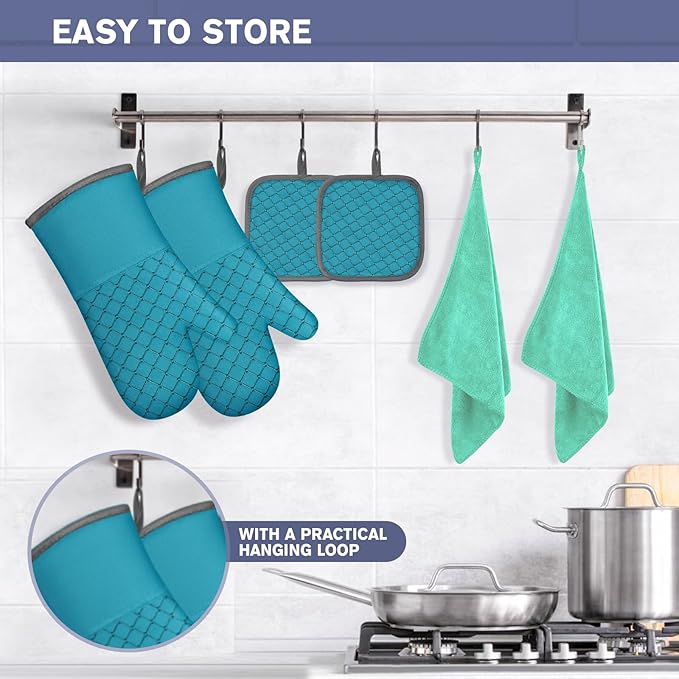 6 Pcs Oven Mitts and Pot Holders, 500℉ Heat Resistant Oven Mitts with Kitchen Towels Soft Cotton Lining and Non-Slip Silicone Surface Safe for Baking, Cooking, BBQ (Lake Blue)