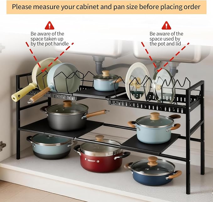 Pots and Pans Organizer Under Cabinet, Expandable Length, Adjustable Height Under Sink Shelf 2 Tier with 10 Dividers Under Cabinet Shelf, Pot and Pan Lid Holder Rack (Black)