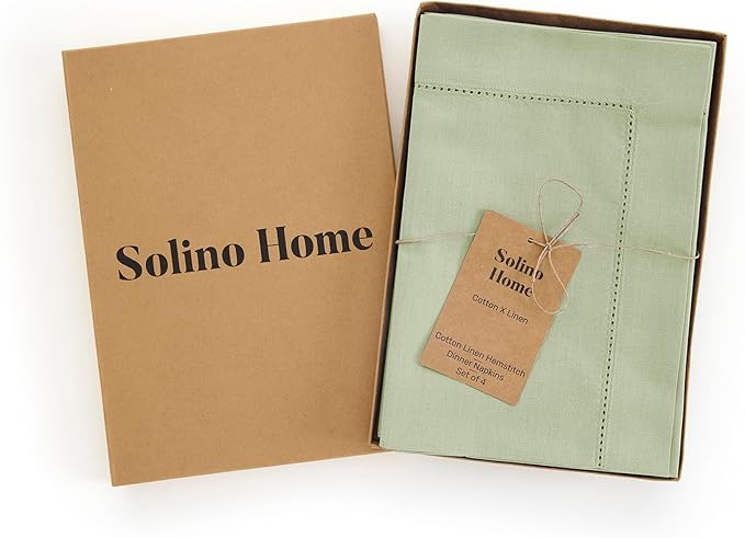 Solino Home Sage Napkins Set of 4 - Cotton Linen Hemstitch Dinner Napkins Cloth 20 x 20 Inch for Spring, Summer, Mothers Day - Handcrafted and Machine Washable