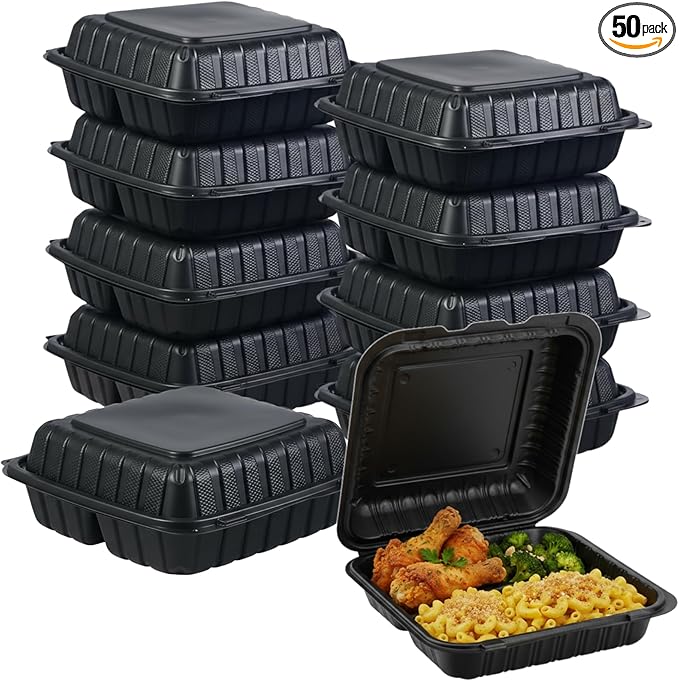 9x9 3-Compartment Hinged Vented Food Containers, 50 Pack – Clamshell Takeout Containers, Meal Prep Food Storage, 3 Compartment Food Containers, To Go Boxes & Cake Slice Box - Black