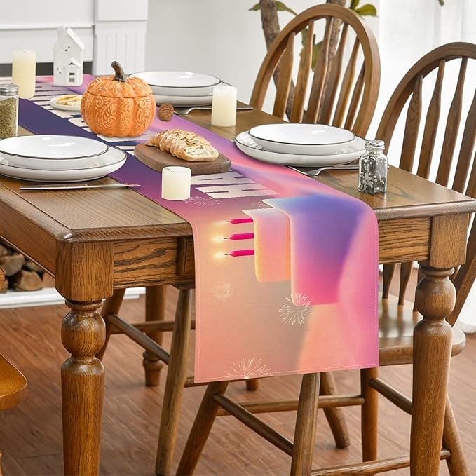 Happy Birthday Table Runner 13x72 Inch Birthday Cake Fireworks Clouds Farmhouse Polyester Linen Table Decoration for Kitchen Dinning, Indoor Outdoor Home Dinner Party (Pink)