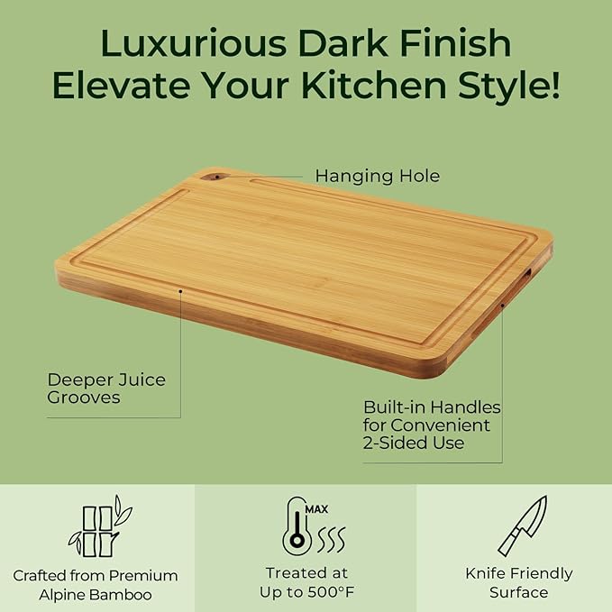 Keechee Chopping Board 2-Pcs Natural Bamboo Cutting Board With Juice Channels & Knife-Friendly Finish For Versatile Kitchen Use, Ideal Charcuterie & Chopping Multi-Use