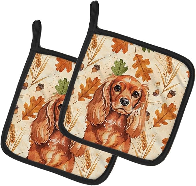 Caroline's Treasures Ruby English Toy Spaniel Heirloom Fall Pair of Pot Holders Pair 7.5x7.5 Quilted Insulated Hot Pads Decorative Kitchen Gift Made in USA