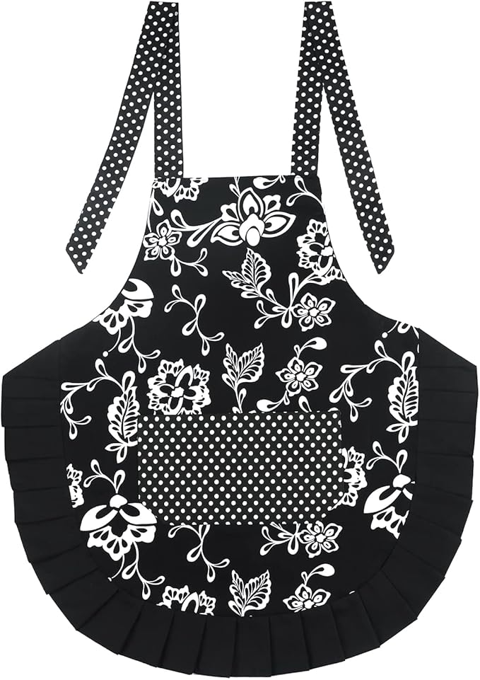 G2PLUS Vintage Floral Kitchen Apron for Women, Black Pleated Hem Cooking Apron with Pocket, Retro Cotton Apron for Kitchen and Home Use (29 x 21 inch)