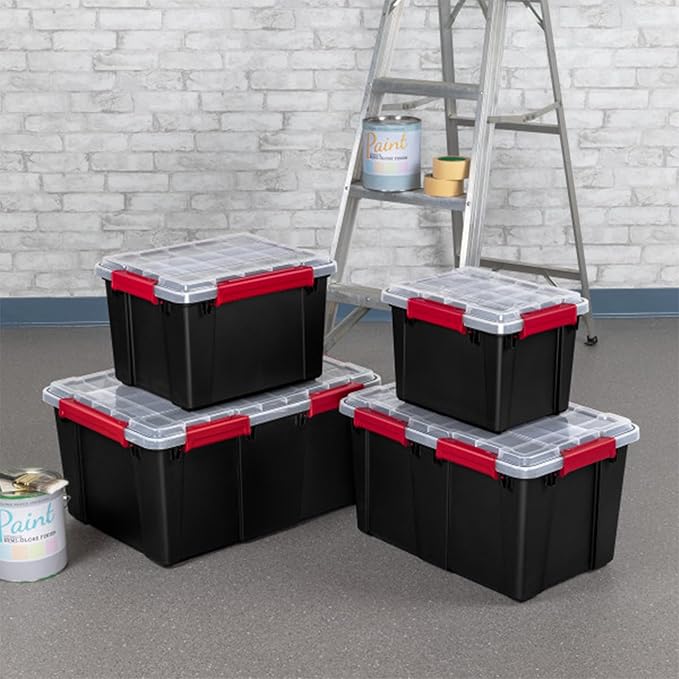 Sterilite 8 Pack Gasket Box, Stackable Plastic 20 Gallon Storage Container with Lids, Black - Waterproof and Dustproof Tote for Home Organization