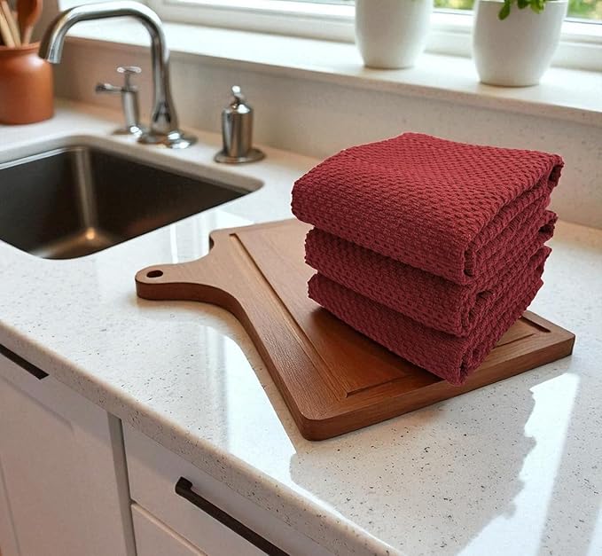 Maroon Dark Red Brick Red Kitchen Hand Dish Towels: Oversized 28" x 18",100% Cotton Cloth Soft Cleaning Drying Absorbent Textured Design, Set of 3 Multipurpose for Everyday Use (Brick Red)