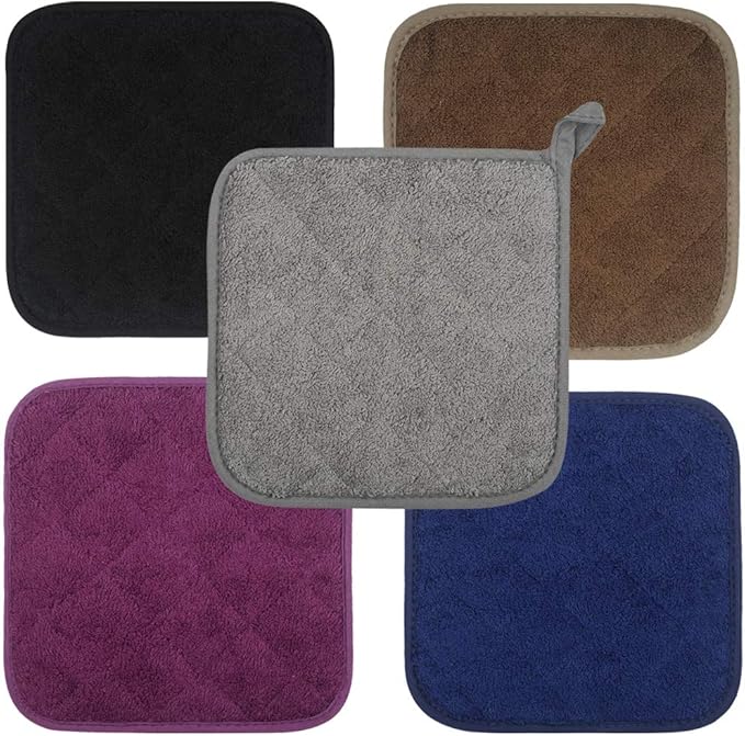 Pot Holders for Kitchen, 100% Cotton Terry Pot Holder Set of 5, Multi Color Hot Pads for Cooking, Baking, Hot Dishes and Countertop Protection