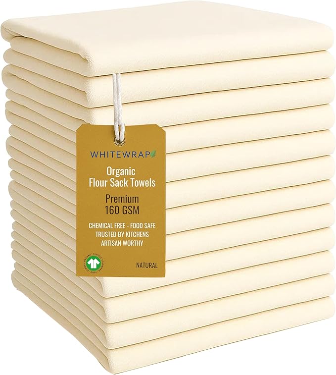 WHITEWRAP Flour Sack Towels| Tea Towel for Crafts| Kitchen Dish Cotton Blank Towel for Embroidery|Baking Bread Proofing Linen Cover| Thick Absorbent Quick Dry| 12Pack 18"x28" Natural