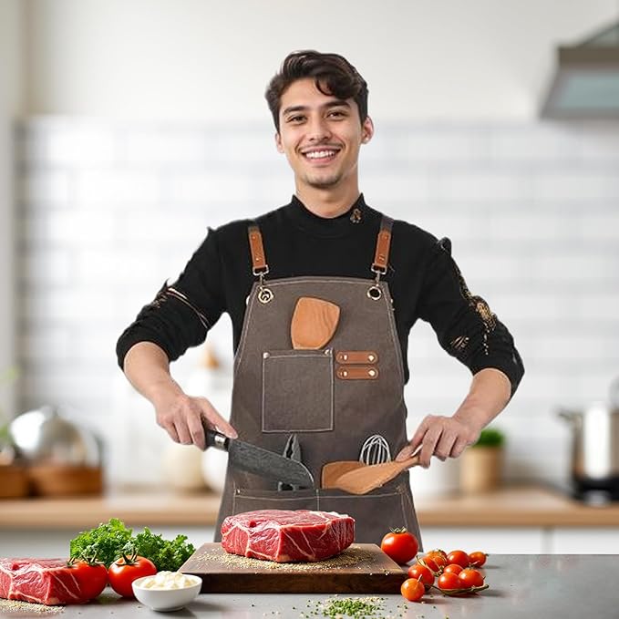 Kitchen apron 16oz canvas with cross-back, waterproof and oil-proof, heavy-duty gardening apron with multiple pockets